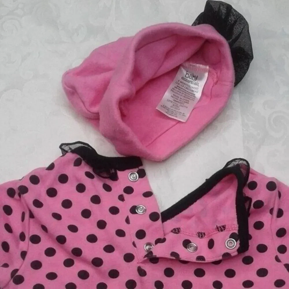 baby essentials Pink & Black 3pc Set Onesie Leggings Hat Polka Dots Ruffle 9Mo